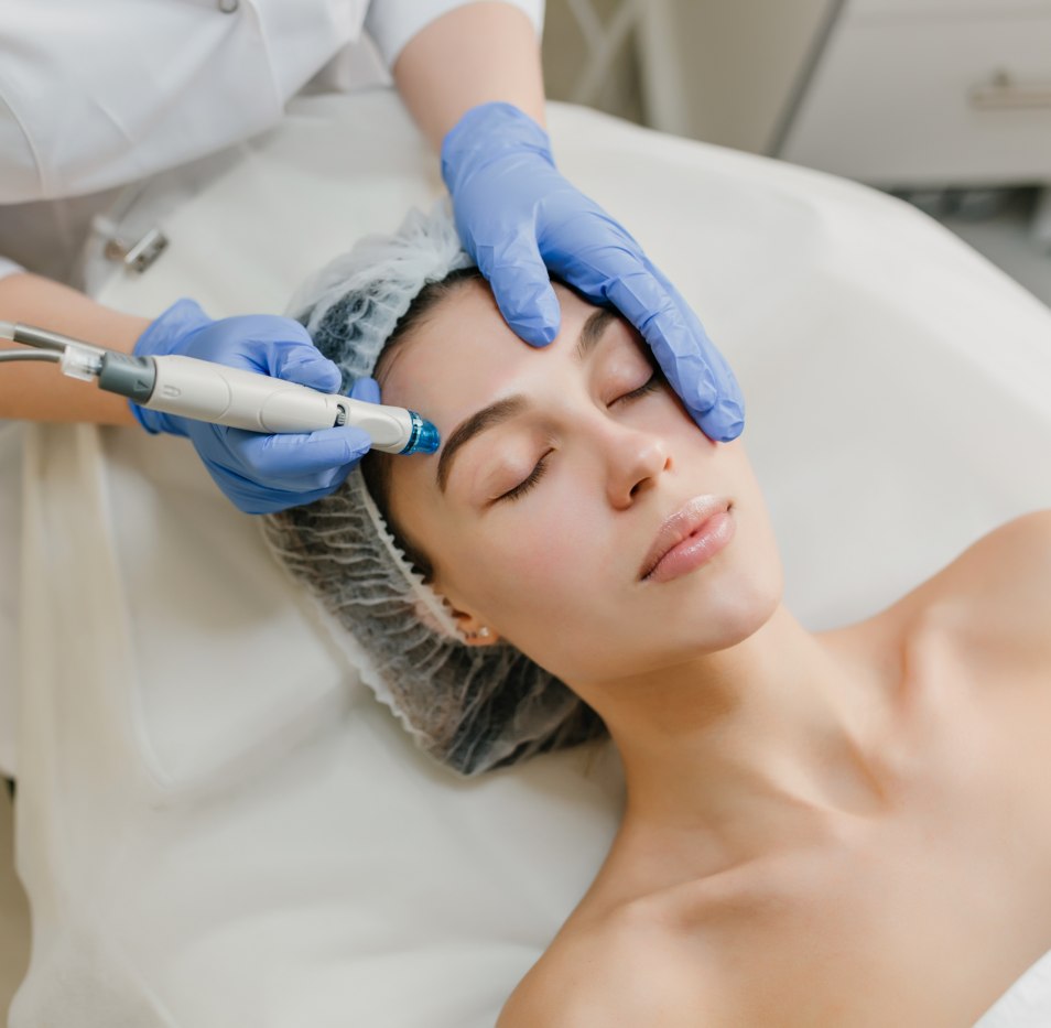 View from above rejuvenation of beautiful woman enjoying cosmetology procedures in beauty salon. Dermatology, hands in blue glows, healthcare, therapy, botox